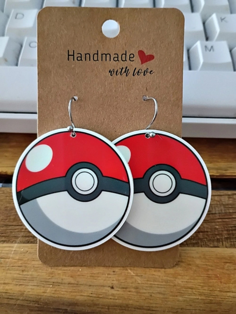 Handmade Medium Pokemon Poké Ball Drop Earrings Red & White